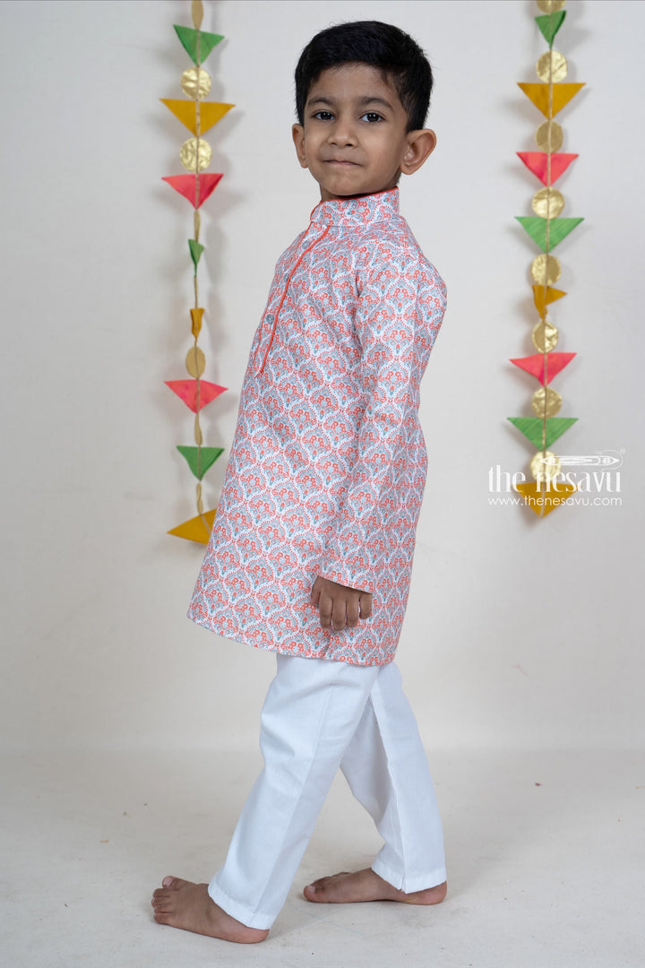 The Nesavu Boys Kurtha Set Pink Chikankari Printed Soft Cotton Readymade Festive Wear Kurta For Baby Boys Nesavu