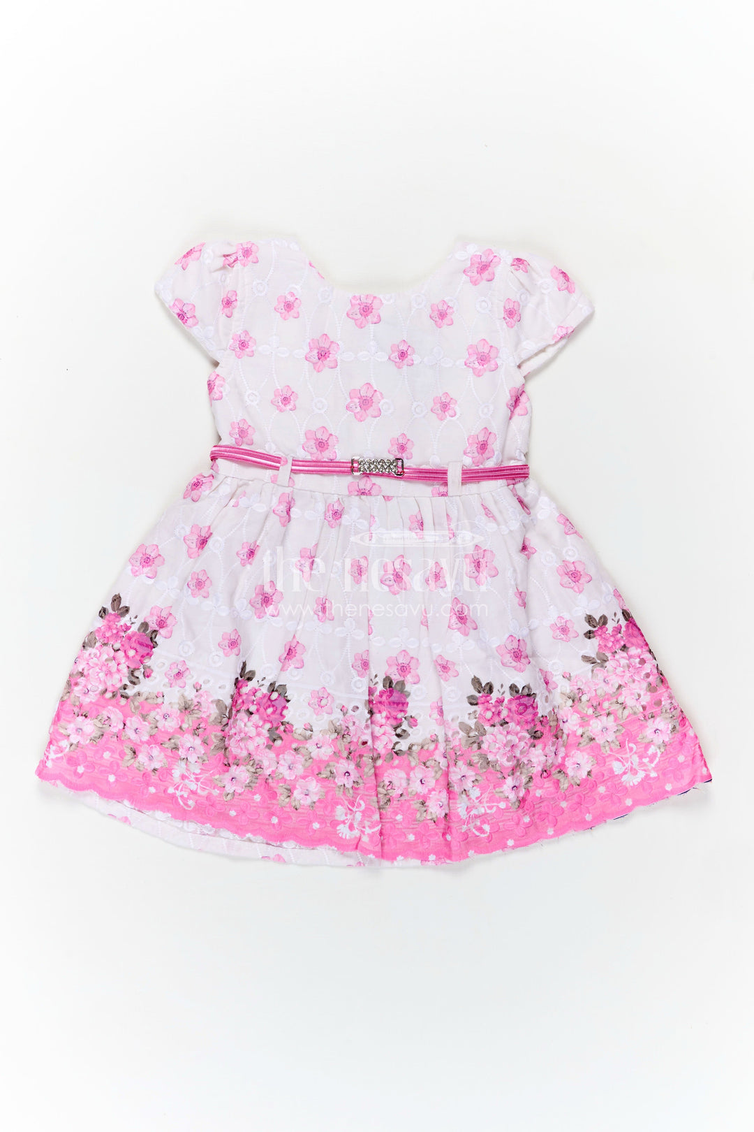 The Nesavu Baby Cotton Frocks Pink Colour Newborn Outfit in Embroidered Hakoba with Floral Motifs and Satin Waistband Nesavu 14 (6M) / Pink BFJ808A-14 Nesavu Pink Colour Newborn Cotton Outfit Floral Embroidery Satin Bow Hakoba Fabric