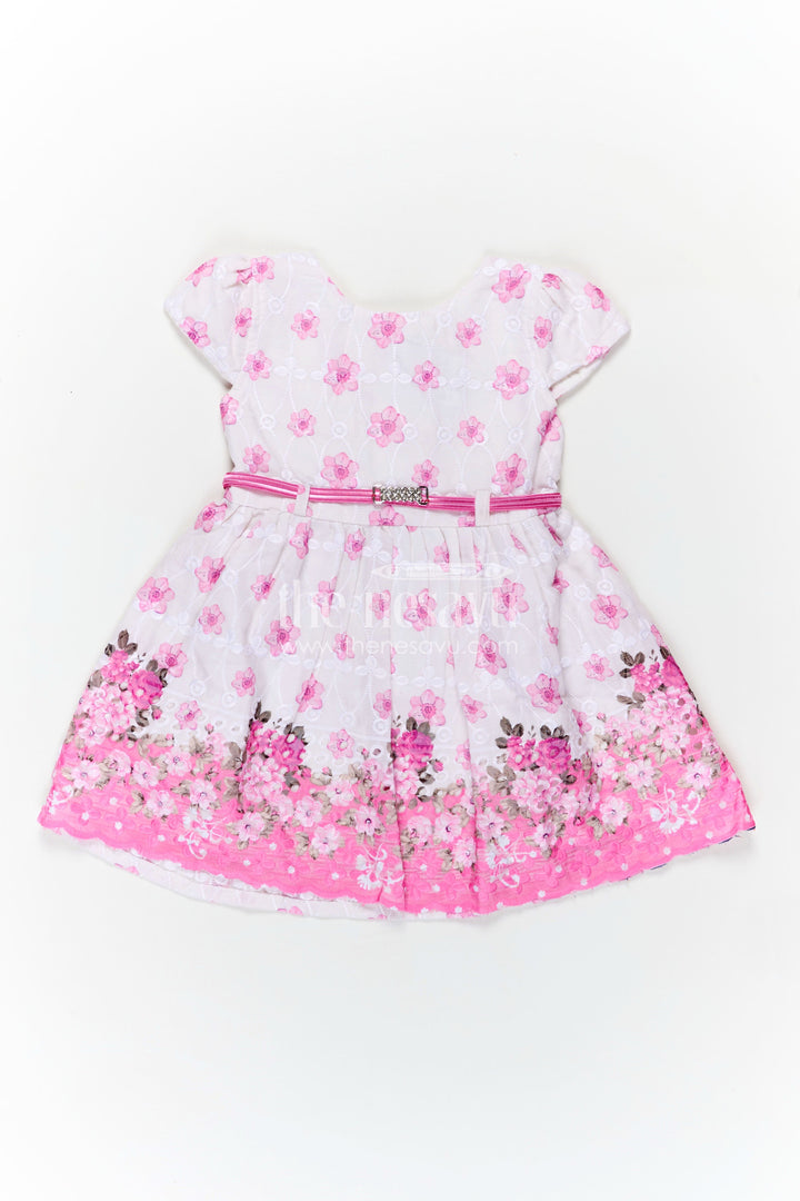The Nesavu Baby Cotton Frocks Pink Colour Newborn Outfit in Embroidered Hakoba with Floral Motifs and Satin Waistband Nesavu 14 (6M) / Pink BFJ808A-14 Nesavu Pink Colour Newborn Cotton Outfit Floral Embroidery Satin Bow Hakoba Fabric