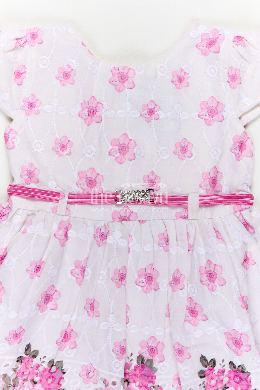 The Nesavu Baby Cotton Frocks Pink Colour Newborn Outfit in Embroidered Hakoba with Floral Motifs and Satin Waistband Nesavu Nesavu Pink Colour Newborn Cotton Outfit Floral Embroidery Satin Bow Hakoba Fabric