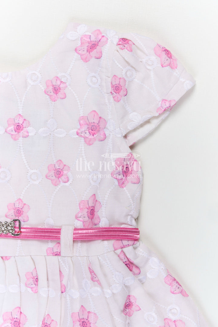 The Nesavu Baby Cotton Frocks Pink Colour Newborn Outfit in Embroidered Hakoba with Floral Motifs and Satin Waistband Nesavu Nesavu Pink Colour Newborn Cotton Outfit Floral Embroidery Satin Bow Hakoba Fabric