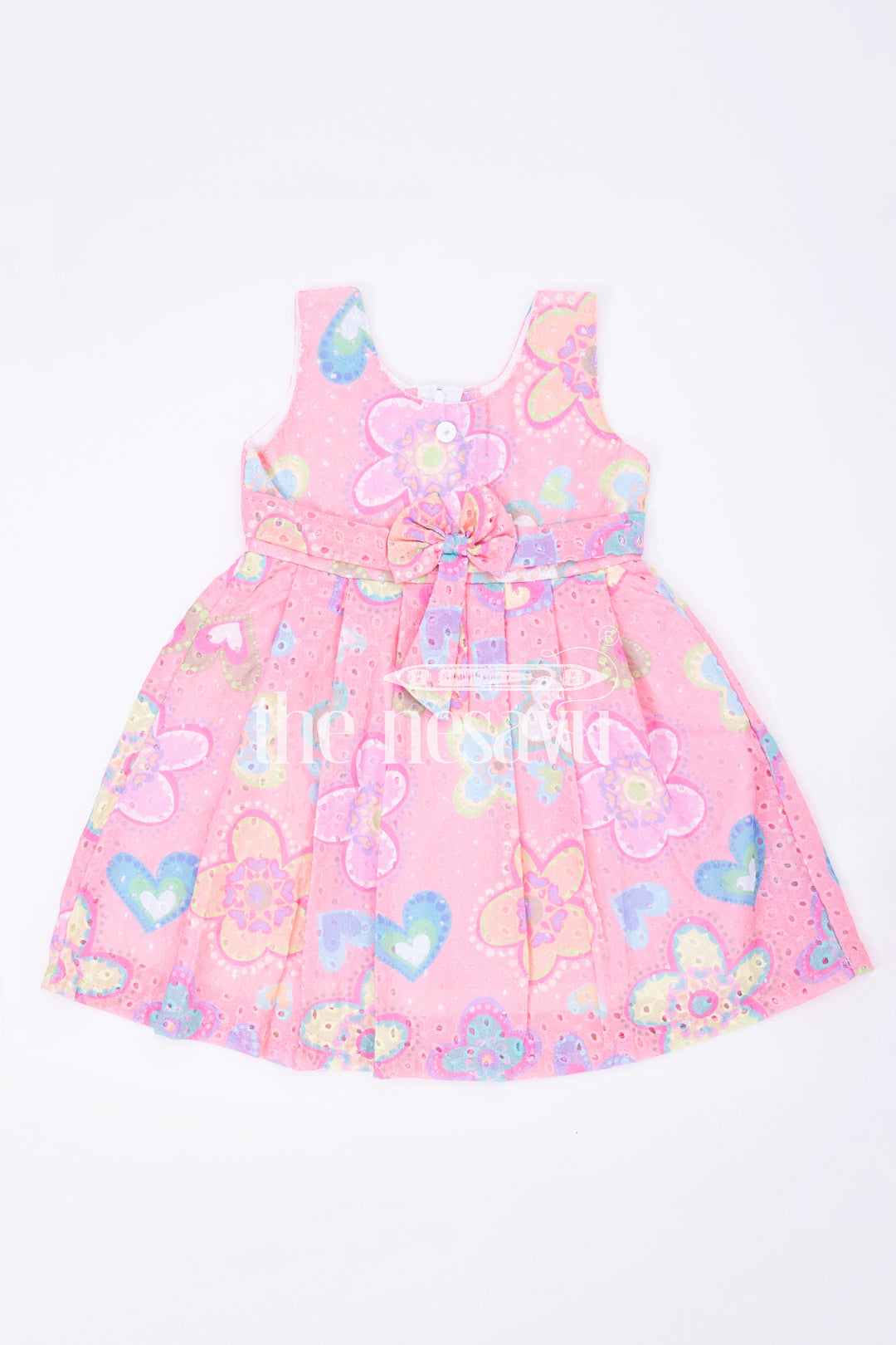 The Nesavu Baby Cotton Frocks Pink Cotton Hakoba Embroidered Frock with Multicolor Floral Print for Babies Nesavu 14 (6M) / Pink BFJ598A-14 Pink Cotton Hakoba Embroidered Baby Frock with Floral Print - Nesavu