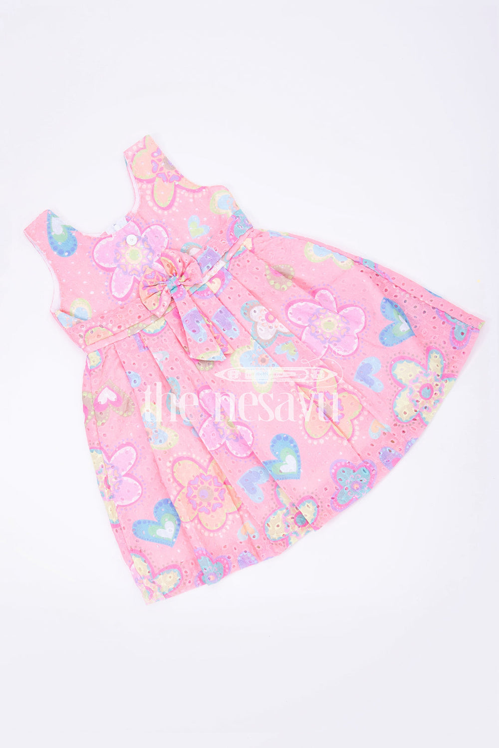 The Nesavu Baby Cotton Frocks Pink Cotton Hakoba Embroidered Frock with Multicolor Floral Print for Babies Nesavu Pink Cotton Hakoba Embroidered Baby Frock with Floral Print - Nesavu