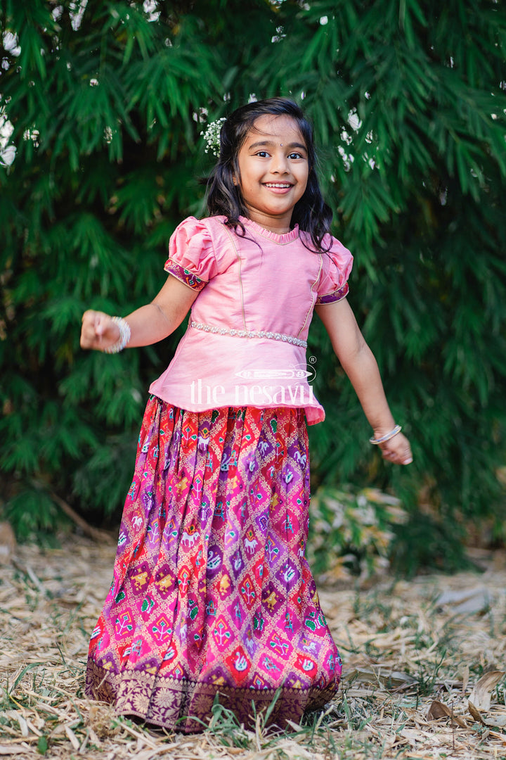 The Nesavu Pattu Pavadai Pink Designer Printed Silk Pattu Pavadai for Girls Nesavu 16 (1Y) / Pink GPP315B-16 Pink Designer Printed Viscose Silk Pattu Pavadai for Girls - Elegant & Festive | The Nesavu
