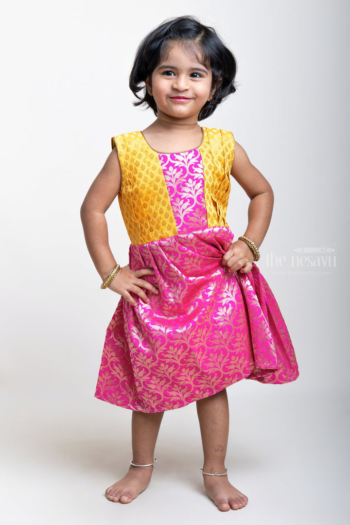 The Nesavu Silk Frock Pink Designer Semi-Silk with Yellow Pleated Yoke Design Frock For Girls Nesavu Stylish Pleated Semi-Silk Frocks for Girls | Premium Silk Frocks | The Nesavu