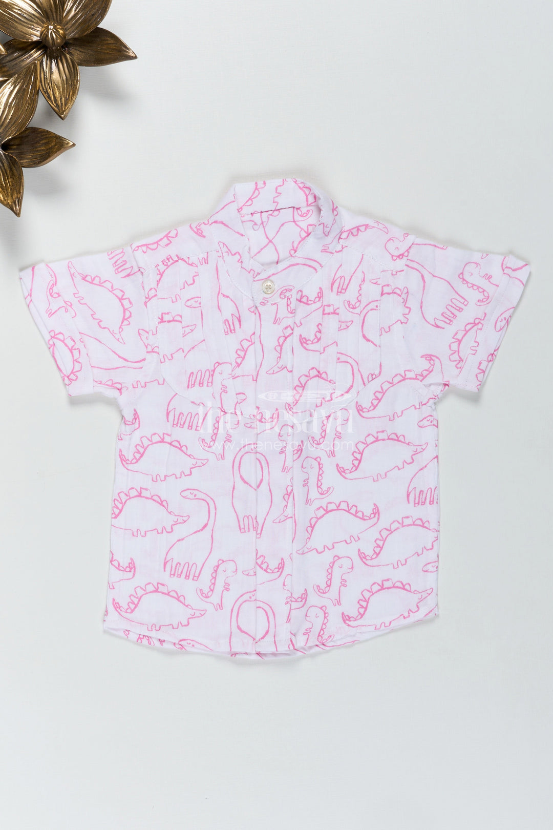 The Nesavu Boys Cotton Shirt Pink Dinosaur Print Boys Shirt in Soft Muslin Cotton Birthday Special Nesavu 16 (1Y) / Pink BS271A-16 Nesavu Boys Soft Cotton Birthday Shirt Pink Dinosaur Prints Comfortable Fit Kids