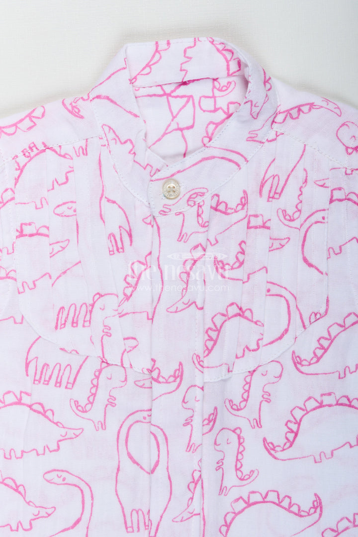 The Nesavu Boys Cotton Shirt Pink Dinosaur Print Boys Shirt in Soft Muslin Cotton Birthday Special Nesavu Nesavu Boys Soft Cotton Birthday Shirt Pink Dinosaur Prints Comfortable Fit Kids