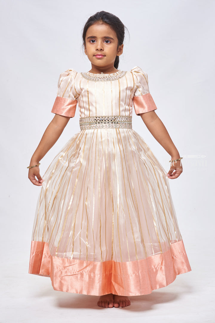The Nesavu Girls Party Gown Pink Elegance: Striped Organza Gown with Gota Mirror Embroidery & Puff Sleeves Nesavu Fashionable Anarkali Dress Collection | Elegant Anarkali Dresses for Girls | The Nesavu