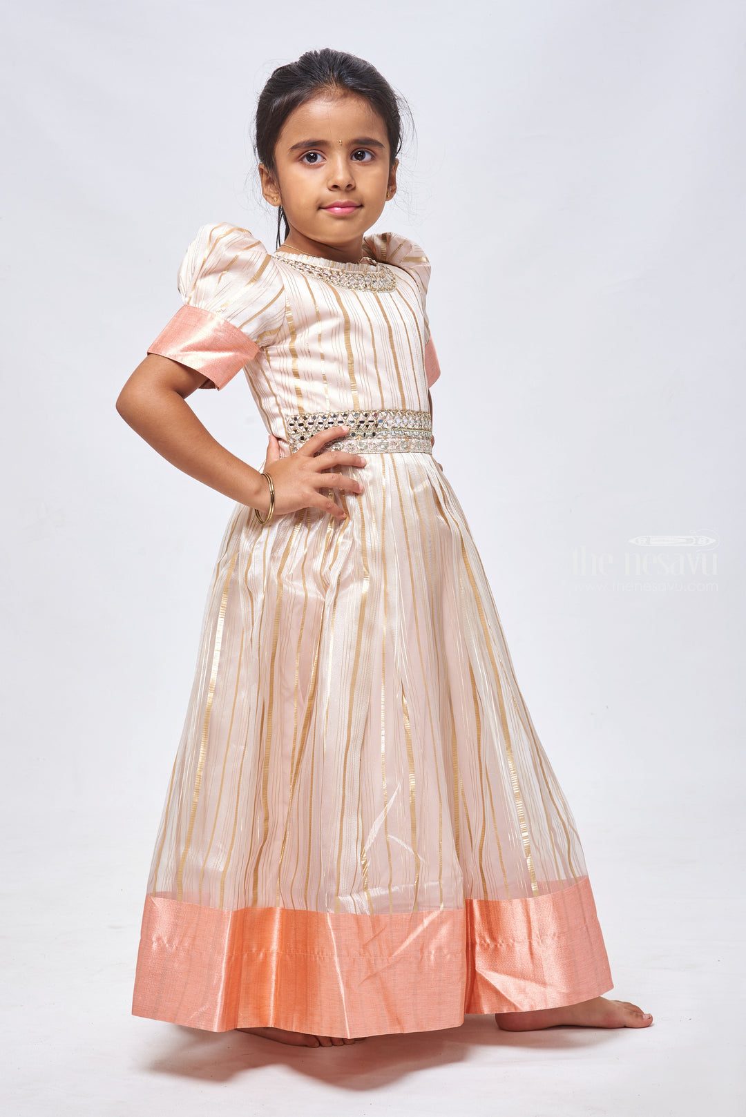 The Nesavu Girls Party Gown Pink Elegance: Striped Organza Gown with Gota Mirror Embroidery & Puff Sleeves Nesavu Fashionable Anarkali Dress Collection | Elegant Anarkali Dresses for Girls | The Nesavu