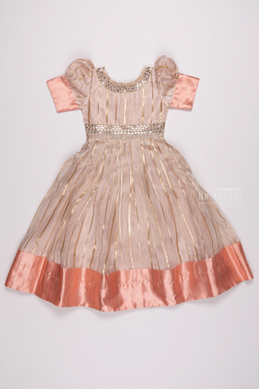 The Nesavu Party Gown Pink Elegance: Striped Organza Gown with Gota Mirror Embroidery & Puff Sleeves Nesavu 18 (2Y) / Pink / Organza GA149B-18 Fashionable Anarkali Dress Collection | Elegant Anarkali Dresses for Girls | The Nesavu