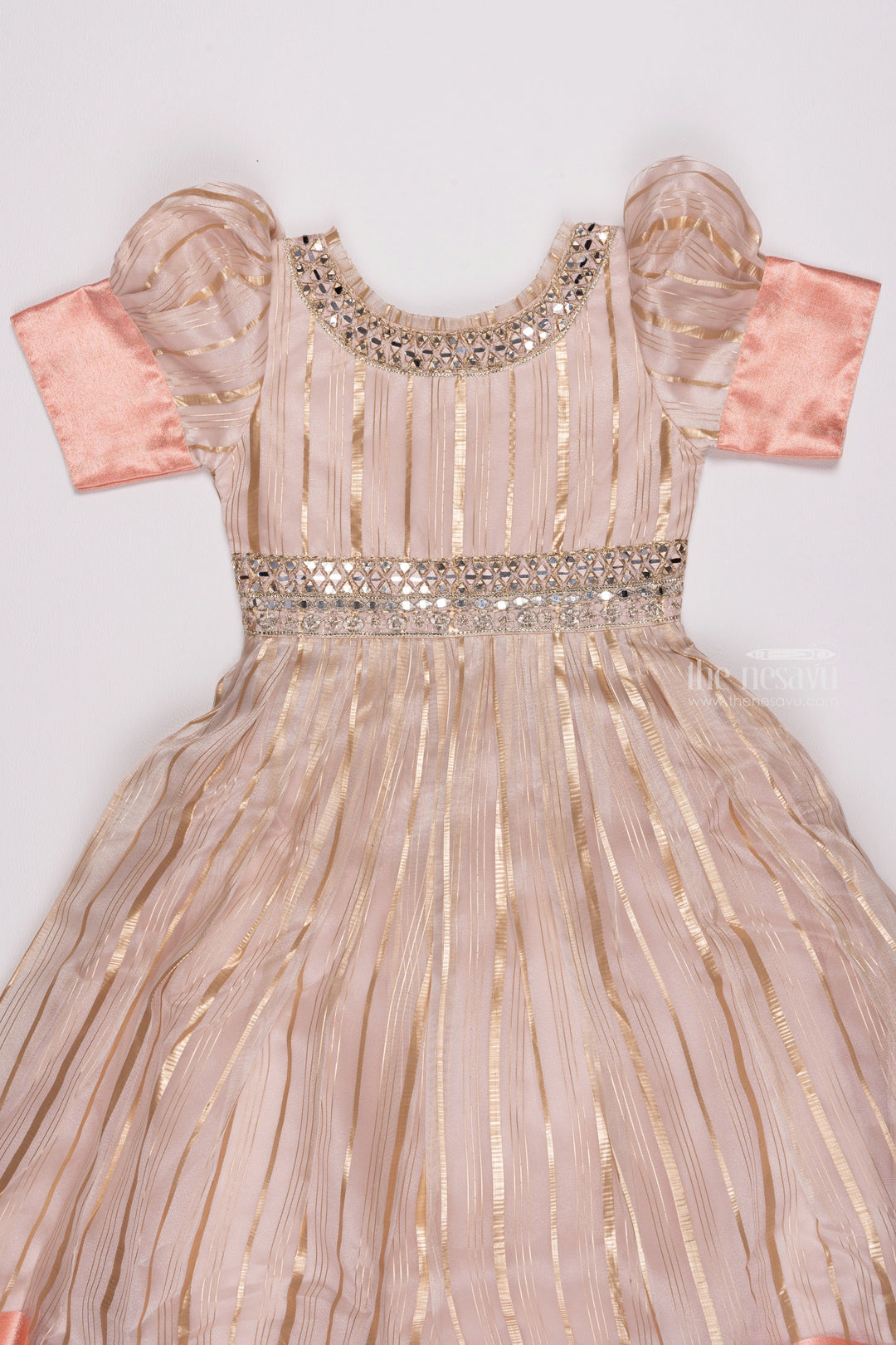 The Nesavu Party Gown Pink Elegance: Striped Organza Gown with Gota Mirror Embroidery & Puff Sleeves Nesavu Fashionable Anarkali Dress Collection | Elegant Anarkali Dresses for Girls | The Nesavu