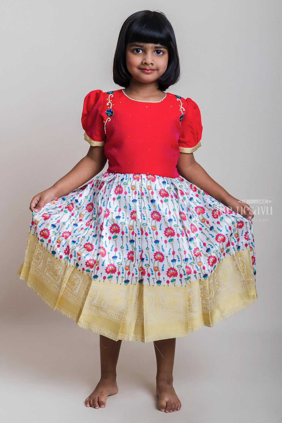 The Nesavu Silk Party Frock Pink Embroidered Yoke And Floral Printed Flare Semi-Silk Frocks For Girls Nesavu 16 (1Y) / multicolor SF480-16 Sakranti Silk Frocks For Girls| Festive Wear Collection| The Nesavu