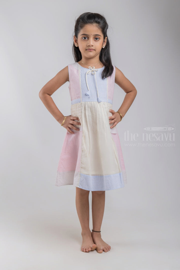The Nesavu Girls Cotton Frock Pink Eyelet Design Striped Cotton Frock With Neck Tie For Girls psr silks Nesavu 16 (1Y) / Pink GFC678A