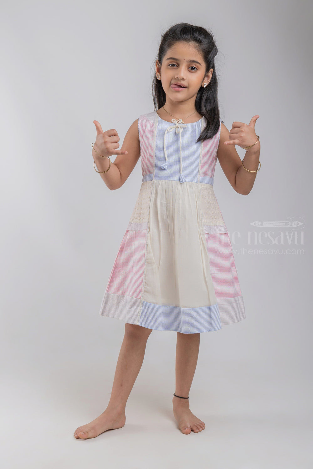 The Nesavu Girls Cotton Frock Pink Eyelet Design Striped Cotton Frock With Neck Tie For Girls psr silks Nesavu