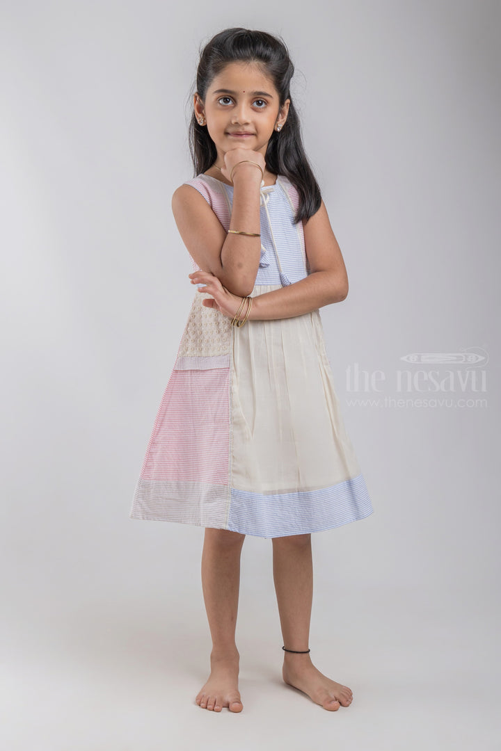 The Nesavu Girls Cotton Frock Pink Eyelet Design Striped Cotton Frock With Neck Tie For Girls psr silks Nesavu