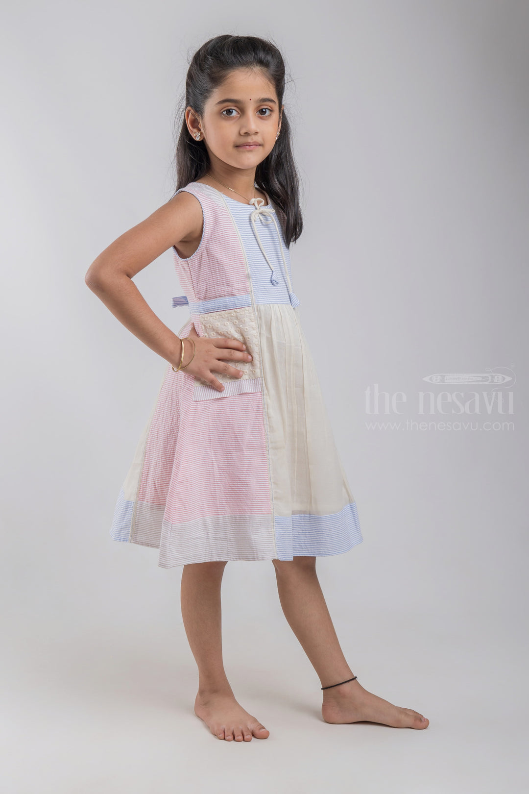 The Nesavu Girls Cotton Frock Pink Eyelet Design Striped Cotton Frock With Neck Tie For Girls psr silks Nesavu