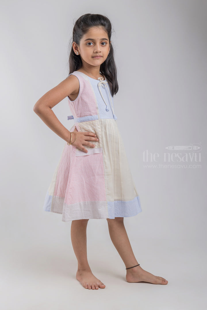 The Nesavu Girls Cotton Frock Pink Eyelet Design Striped Cotton Frock With Neck Tie For Girls psr silks Nesavu