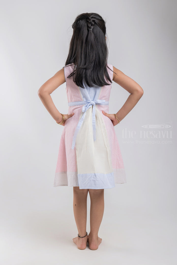 The Nesavu Girls Cotton Frock Pink Eyelet Design Striped Cotton Frock With Neck Tie For Girls psr silks Nesavu