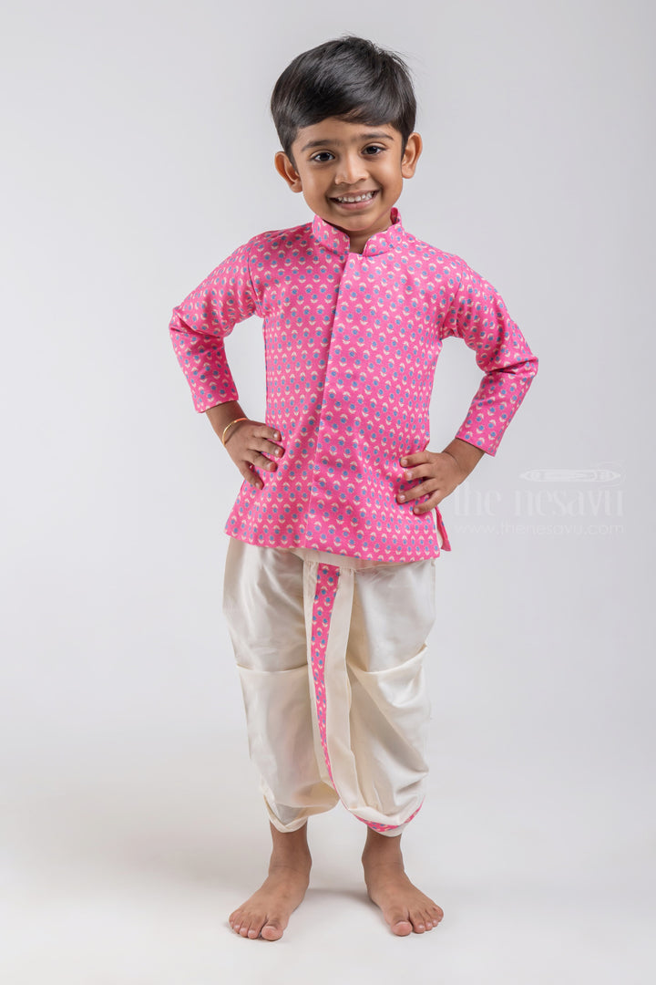 The Nesavu Boys Dothi Set Pink Floral All Over Printed Boys Ethnic Kurta with Dhoti Set Nesavu 10 (NB) / Pink / Silk Blend BES340B Shop Pink Floral All Over Printed Boys Ethnic Kurta with Dhoti Set Online | Festive and Party Wear | The Nesavu