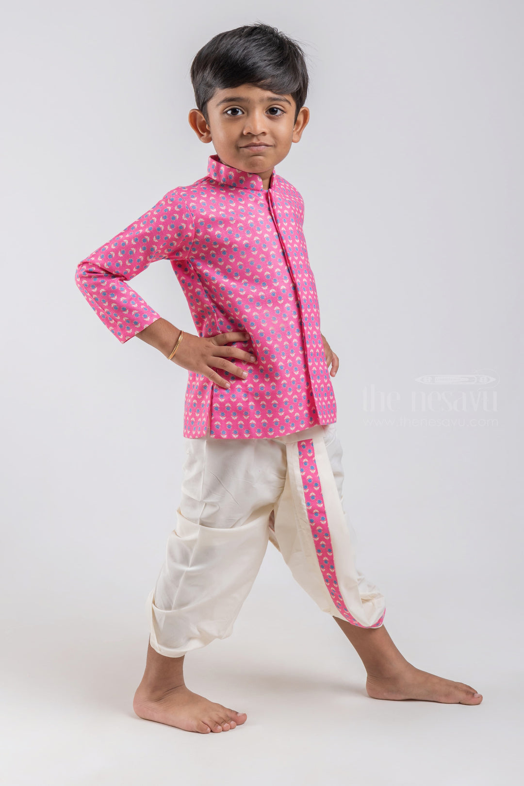 The Nesavu Boys Dothi Set Pink Floral All Over Printed Boys Ethnic Kurta with Dhoti Set Nesavu Shop Pink Floral All Over Printed Boys Ethnic Kurta with Dhoti Set Online | Festive and Party Wear | The Nesavu