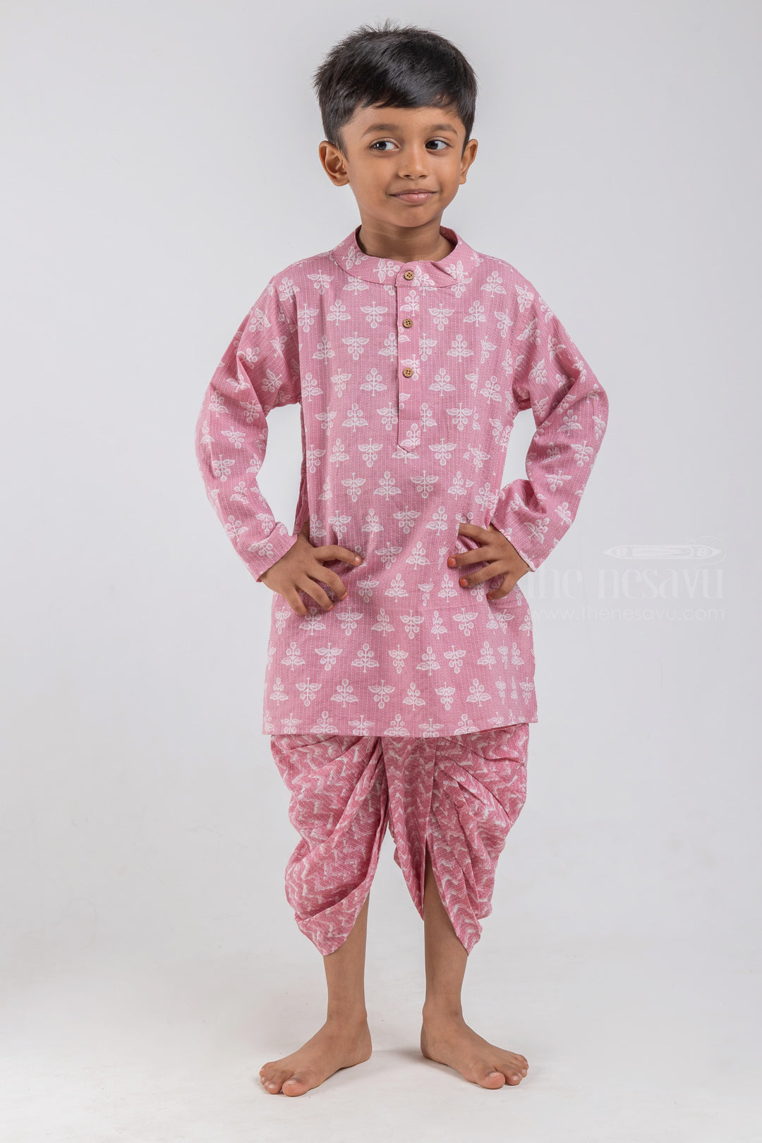 The Nesavu Boys Dothi Set Pink Floral Butta Printed Mandarin Collar Kurta with Zig Zag Printed Dhoti Set for Boys psr silks Nesavu 14 (6M) / Pink / Cotton BES334B