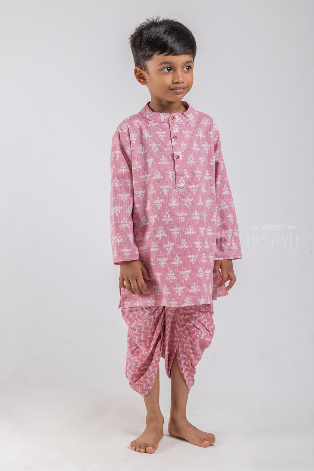 The Nesavu Boys Dothi Set Pink Floral Butta Printed Mandarin Collar Kurta with Zig Zag Printed Dhoti Set for Boys psr silks Nesavu