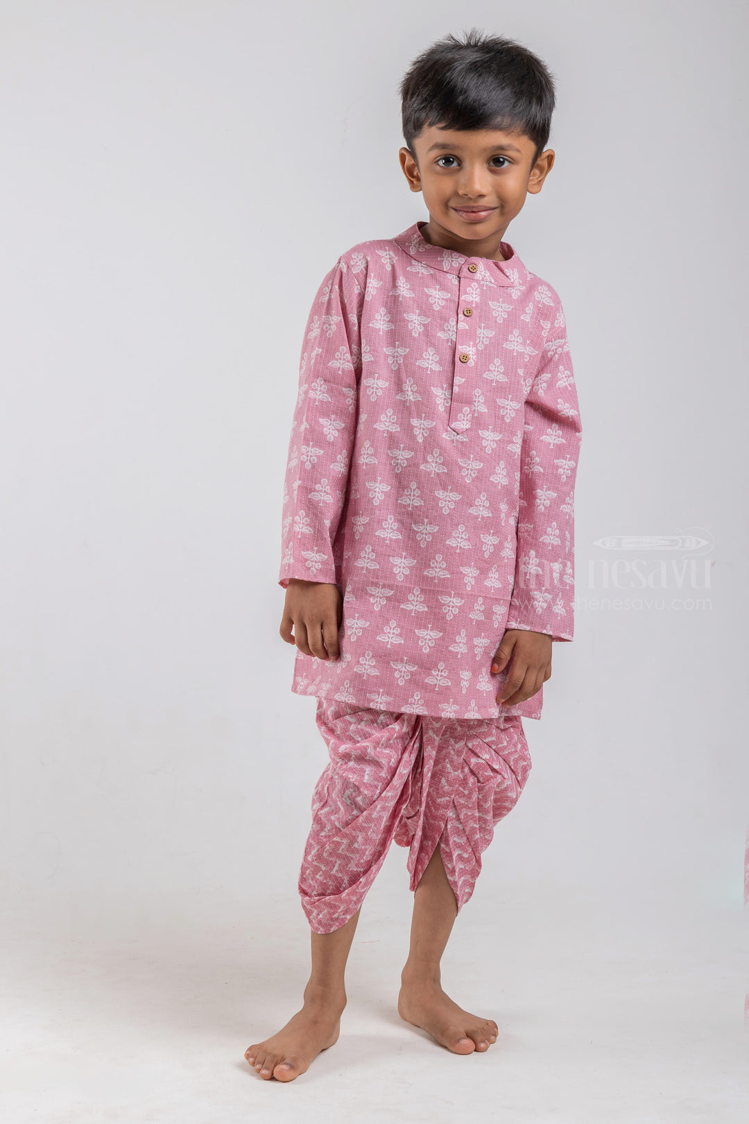 The Nesavu Boys Dothi Set Pink Floral Butta Printed Mandarin Collar Kurta with Zig Zag Printed Dhoti Set for Boys psr silks Nesavu