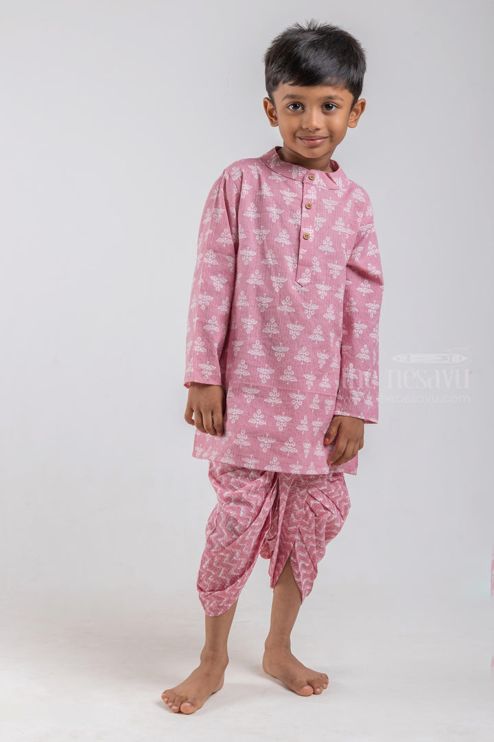 The Nesavu Boys Dothi Set Pink Floral Butta Printed Mandarin Collar Kurta with Zig Zag Printed Dhoti Set for Boys psr silks Nesavu