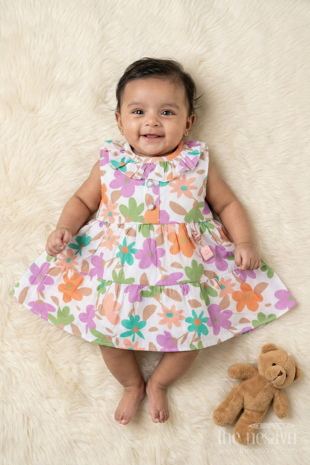 The Nesavu Baby Cotton Frocks Pink Floral Digital Print Baby Frock with Ruffle Neckline Nesavu 14 (6M) / Pink BFJ903A-14 Nesavu pink floral cotton frock with ruffle and digital print for baby girls