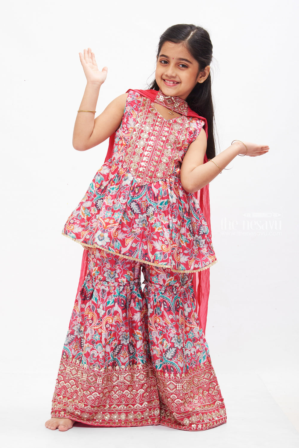 The Nesavu Girls Sharara / Plazo Set Pink Floral Kurti with Gharara Pant Set for Girls Nesavu Pink Floral Girls Kurti Gharara Set | Traditional and Festive Children's Wear | The Nesavu