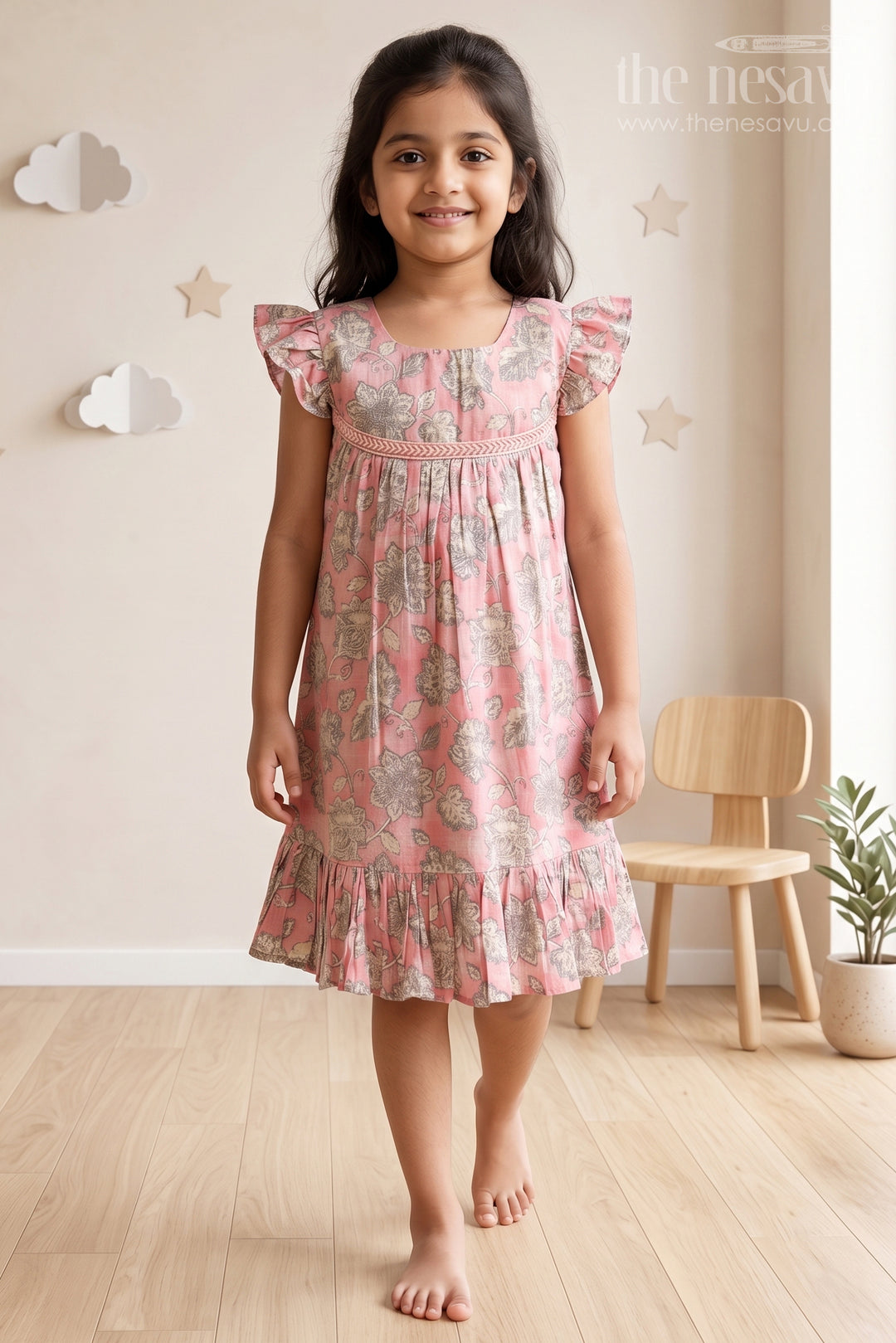 The Nesavu Girls Cotton Frock Pink Floral Printed Cotton Frock for Girls Nesavu 16 (1Y) / Pink GFC1334A-16 Pink Floral Printed Cotton Frock for Girls - Comfortable & Stylish | The Nesavu
