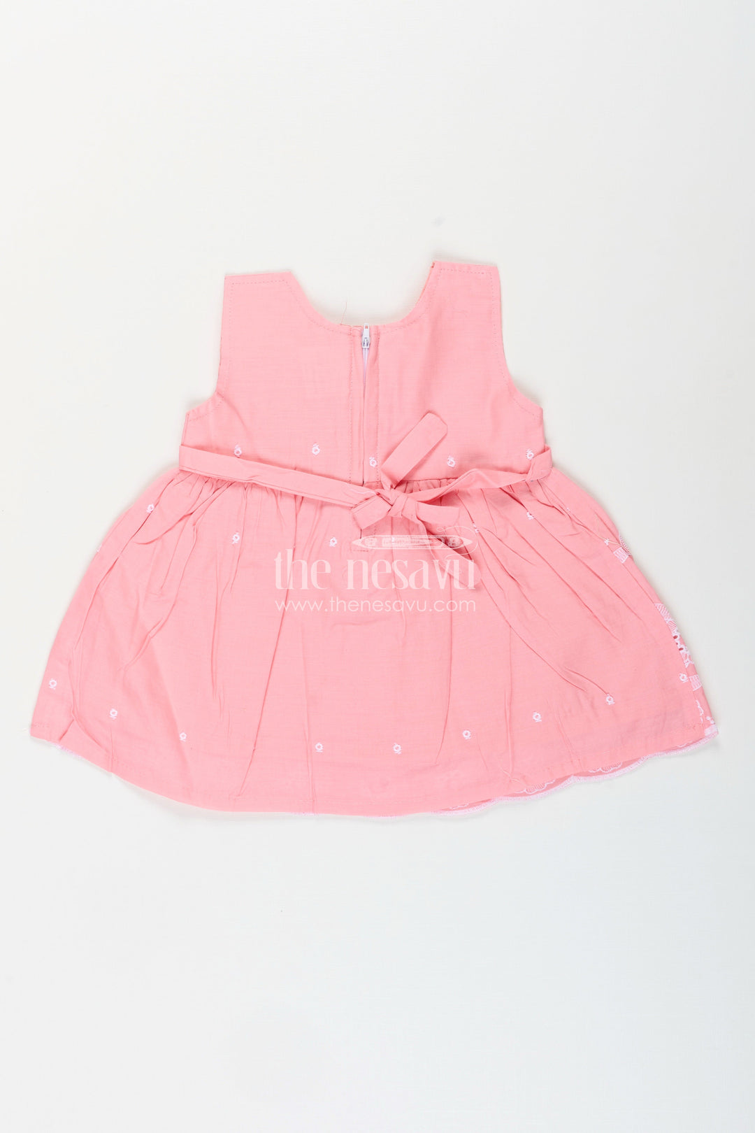 The Nesavu Baby Cotton Frocks Pink frock for baby girls with white floral embroidery Nesavu Nesavu pink sleeveless frock for baby girls with floral embroidery and scalloped hem