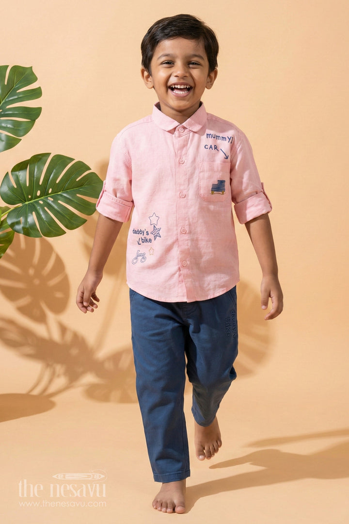 The Nesavu Boys Casual Set Pink Full Sleeve Shirt and Navy Blue Pant Set for Boys Nesavu 18 (2Y) / Pink BCS104B-18 Pink Full Sleeve Shirt and Navy Blue Pant Set for Boys - Nesavu