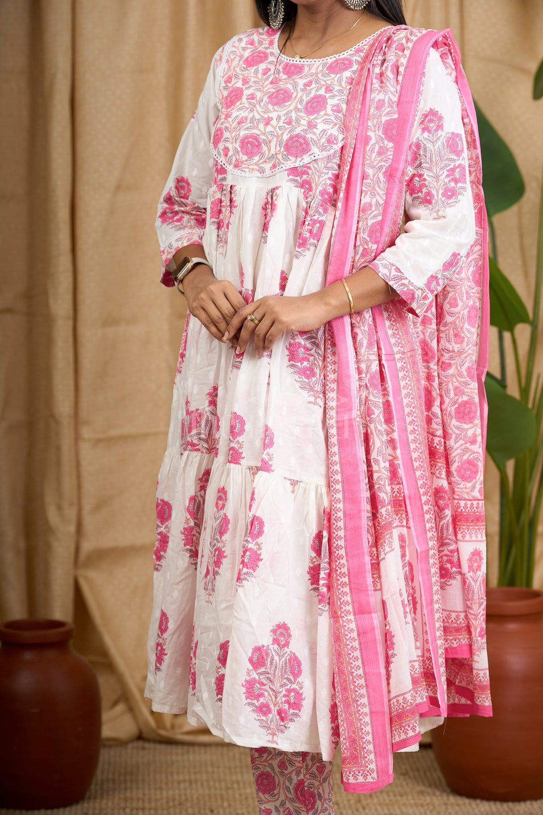 Nesavu Pink Jaipuri Cotton Flared Kurti Set Red Floral Design