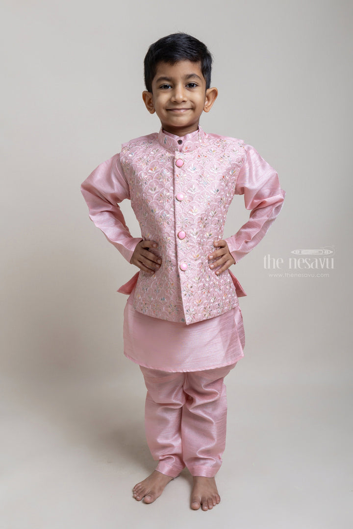 The Nesavu Boys Jacket Sets Pink Kurta Set With Jacquard Overjacket for Little Boys Nesavu 16 (1Y) / Pink / Silk Blend BES279B-16 Festive Collection For Boys | Premium Kurta Collections | The Nesavu