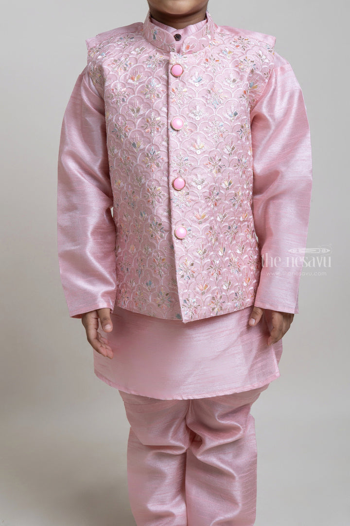 The Nesavu Boys Jacket Sets Pink Kurta Set With Jacquard Overjacket for Little Boys Nesavu Festive Collection For Boys | Premium Kurta Collections | The Nesavu