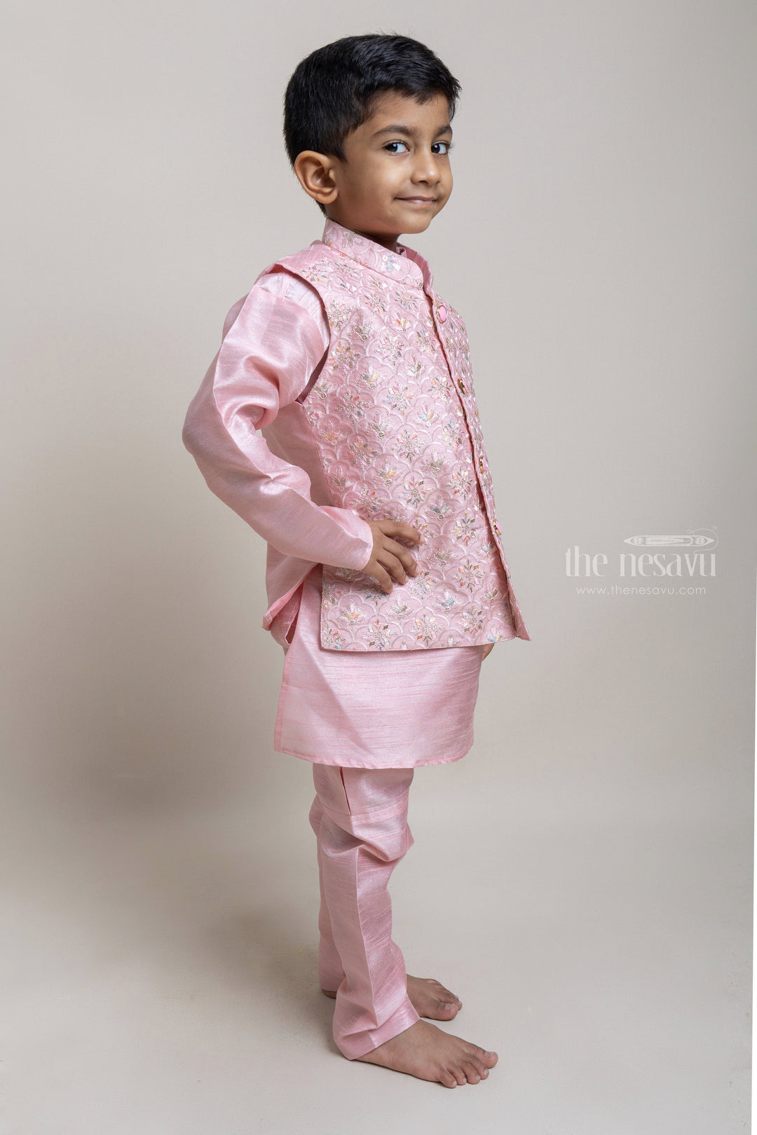 The Nesavu Boys Jacket Sets Pink Kurta Set With Jacquard Overjacket for Little Boys Nesavu Festive Collection For Boys | Premium Kurta Collections | The Nesavu