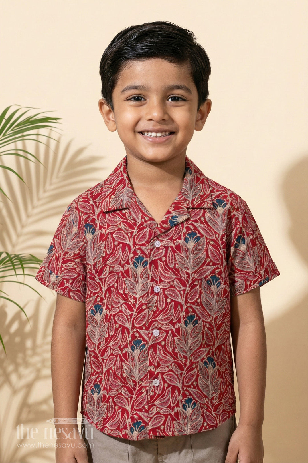 The Nesavu Boys Cotton Shirt Pink Mughal Design Floral Shirtideal for Casual and Vacation Wear Nesavu 16 (1Y) / Red / Chanderi BS162B-16 Pink Mughal Design Floral Shirt - Casual & Vacation Wear for Kids | The Nesavu