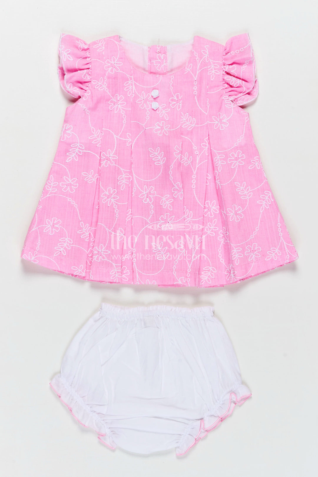 The Nesavu Baby Cotton Frocks Pink Newborn Outfit for Infants with Thread Embroidery and Matching Bloomers in Soft Cotton Nesavu 12 (3M) / Pink BFJ804A-12 Nesavu Pink Newborn Outfit Infants Embroidered Cotton Frock Soft White Bloomers