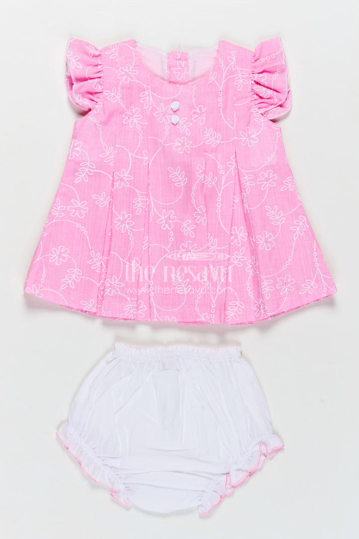 The Nesavu Baby Cotton Frocks Pink Newborn Outfit for Infants with Thread Embroidery and Matching Bloomers in Soft Cotton Nesavu 12 (3M) / Pink BFJ804A-12 Nesavu Pink Newborn Outfit Infants Embroidered Cotton Frock Soft White Bloomers