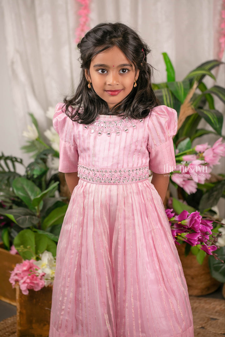 The Nesavu Girls Party Gown Pink Organza Anarkali Dress with Faux Mirror and Rhinestones Embellished Hip Band Nesavu 18 (2Y) / Pink / Organza GA136-18 Pink Organza Anarkali Dress with Faux Mirror and Rhinestones Embellished Hip Band | The Nesavu