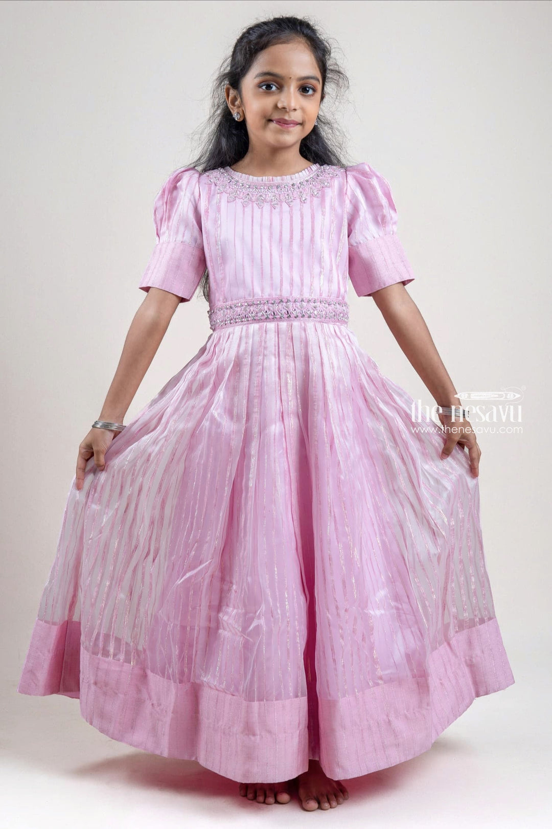 The Nesavu Party Gown Pink Organza Anarkali Dress with Faux Mirror and Rhinestones Embellished Hip Band Nesavu 18 (2Y) / Pink / Organza GA136-18 Pink Organza Anarkali Dress with Faux Mirror and Rhinestones Embellished Hip Band | The Nesavu