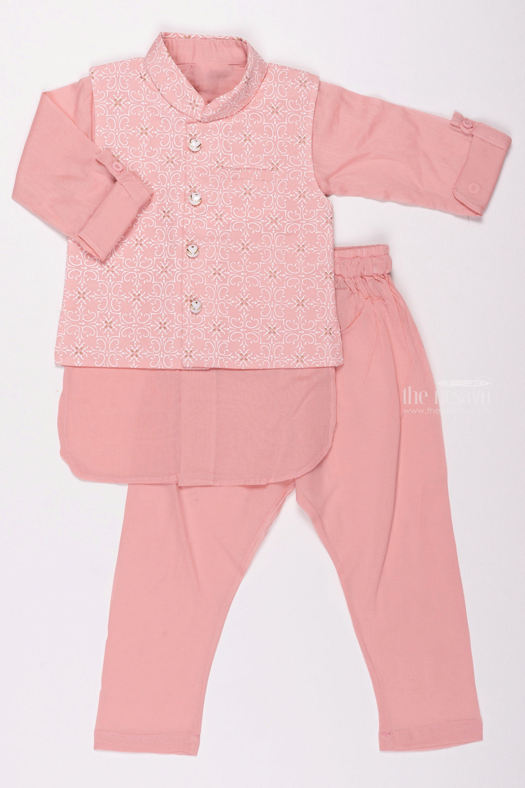 The Nesavu Boys Jacket Sets Pink Panache: Elegant Tile Print Overcoat & Pink Kurta with Pant Ensemble for Boys Nesavu 12 (3M) / Pink / Cotton BES392A-12 Boys Ethnic Kurta Pant Set | Premium Kurta Pant Collection | The Nesavu