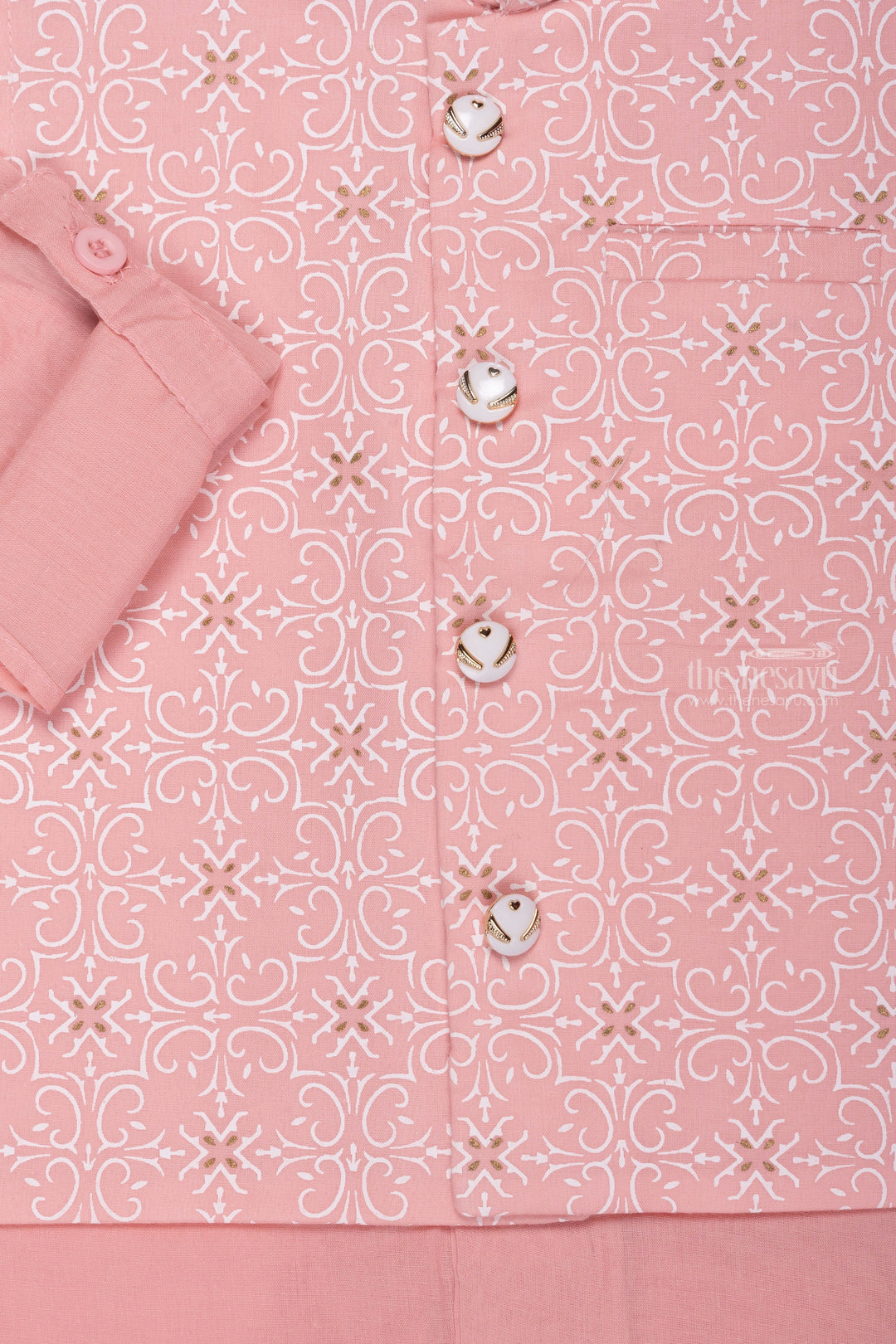 The Nesavu Boys Jacket Sets Pink Panache: Elegant Tile Print Overcoat & Pink Kurta with Pant Ensemble for Boys Nesavu Boys Ethnic Kurta Pant Set | Premium Kurta Pant Collection | The Nesavu