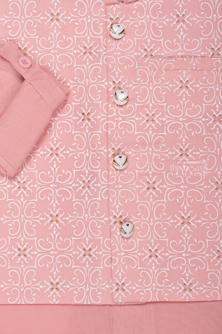 The Nesavu Boys Jacket Sets Pink Panache: Elegant Tile Print Overcoat & Pink Kurta with Pant Ensemble for Boys Nesavu Boys Ethnic Kurta Pant Set | Premium Kurta Pant Collection | The Nesavu