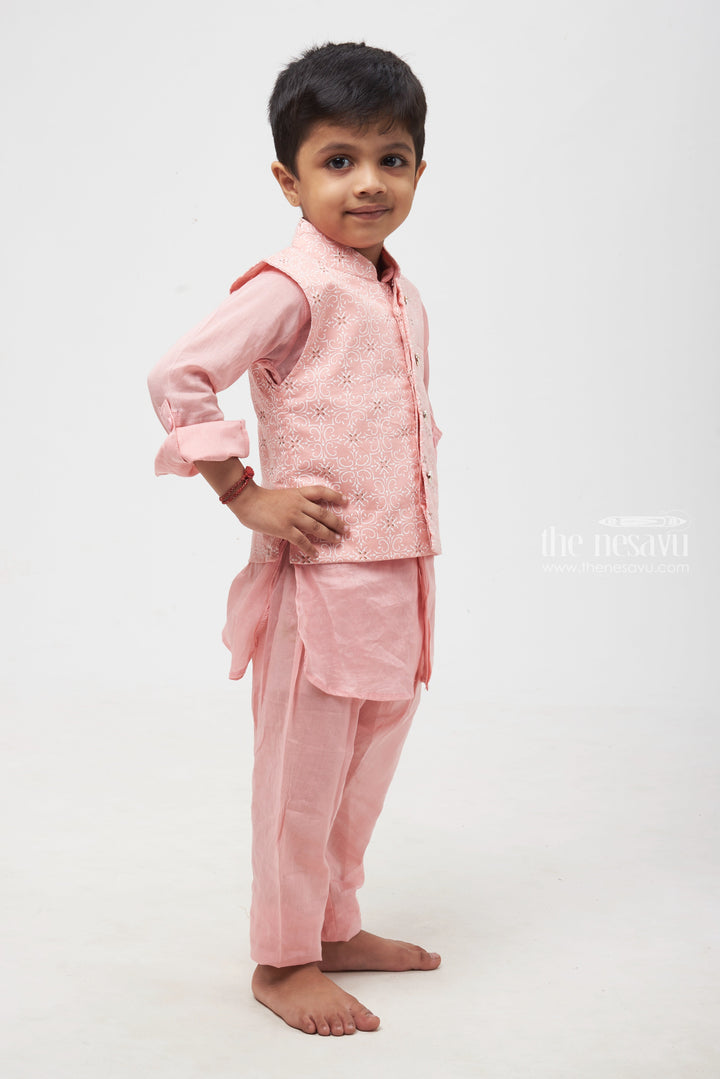 The Nesavu Boys Jacket Sets Pink Panache: Elegant Tile Print Overcoat & Pink Kurta with Pant Ensemble for Boys Nesavu Boys Ethnic Kurta Pant Set | Premium Kurta Pant Collection | The Nesavu