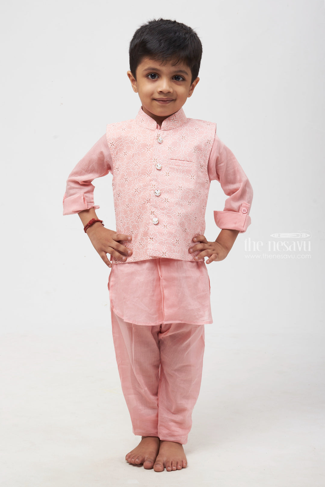 The Nesavu Boys Jacket Sets Pink Panache: Elegant Tile Print Overcoat & Pink Kurta with Pant Ensemble for Boys Nesavu Boys Ethnic Kurta Pant Set | Premium Kurta Pant Collection | The Nesavu