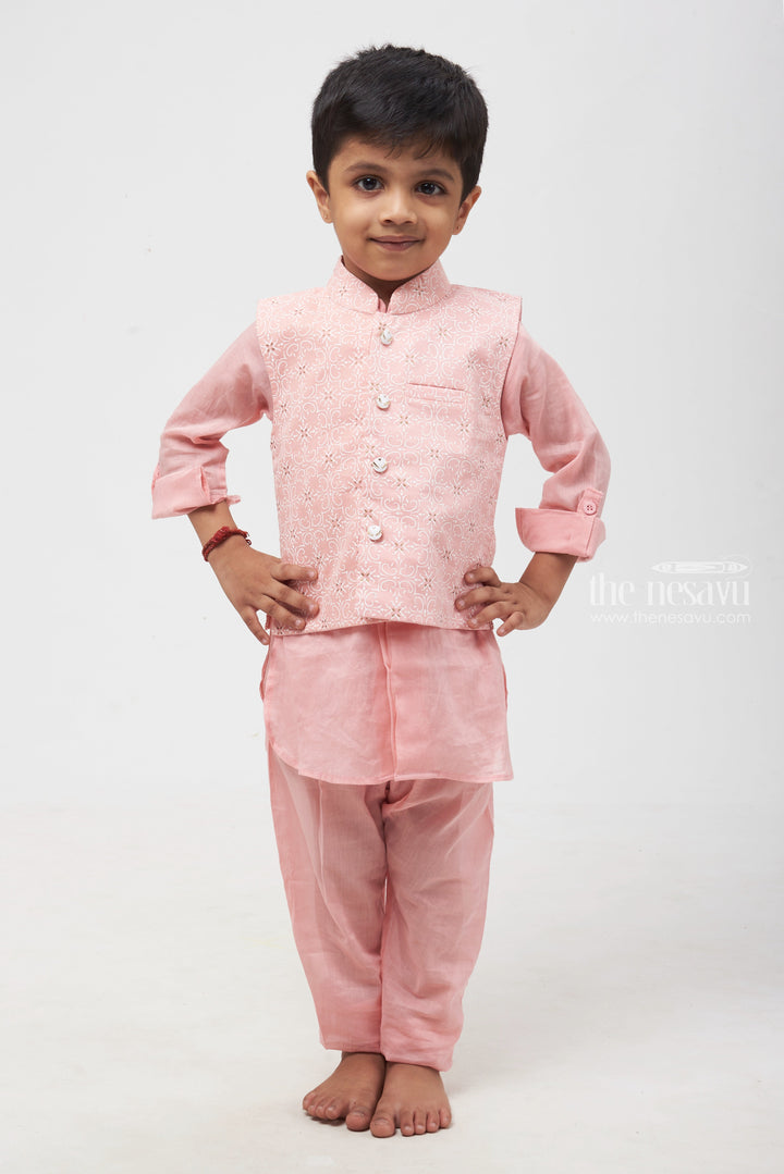 The Nesavu Boys Jacket Sets Pink Panache: Elegant Tile Print Overcoat & Pink Kurta with Pant Ensemble for Boys Nesavu Boys Ethnic Kurta Pant Set | Premium Kurta Pant Collection | The Nesavu