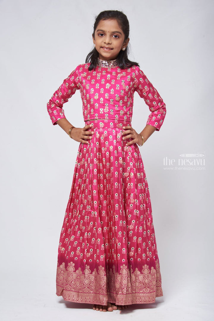 The Nesavu Lehenga & Ghagra Pink Panache Floral Canvas on Knife Pleated Banarasi Border Lehenga Gaghra for Graceful Girls Nesavu 24 (5Y) / Pink / Viscose GL362A-24 Party Wear Lehenga Choli | Lacha Choli For Kids | The Nesavu