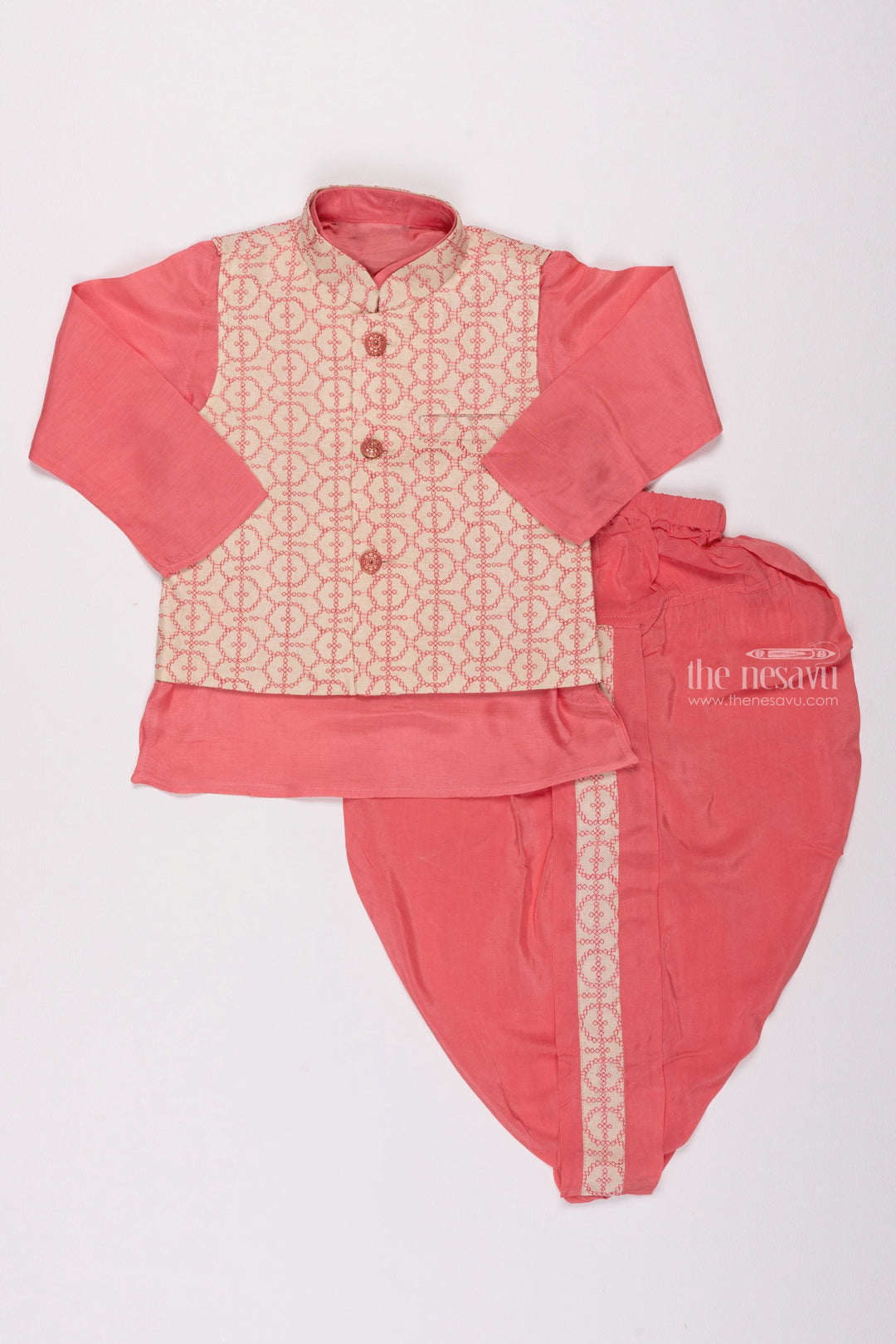 The Nesavu Boys Jacket Sets Pink Panache: Resham Embroidered Overcoat & Soft Pink Kurta with Traditional Panchagajam for Boys Nesavu 12 (3M) / Pink / Silk Blend BES386A-12 Designer Boys Ethnic Kurta Panchagajam set | Latest Collection | The Nesavu